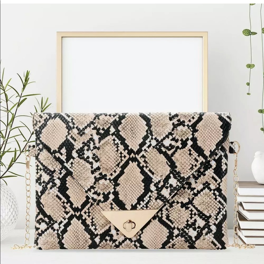 Camel Snakeskin Crossbody Envelope Clutch
